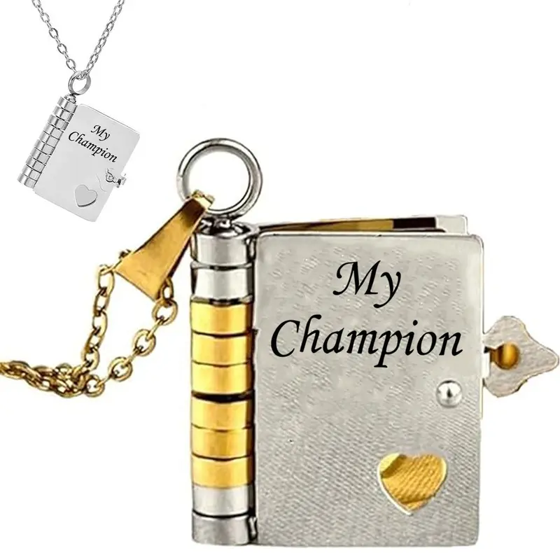 For Son - My Champion Book Necklace, "My Beloved Son" Chapter Book Necklace from Mom Dad, 2025 New Personalized Mini Engraved Necklaces with 6 Pages of Engraved Information
