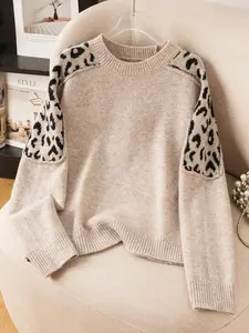 Women's & Leopard Print Fleece Pullover, Raglan Sleeve Round Neck Design, Comfortable Warm Casual Essential Item