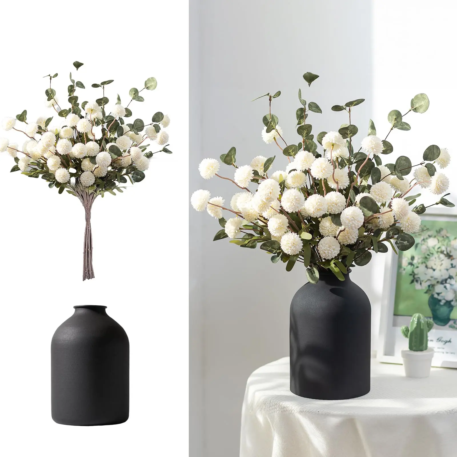 Metal Vase with 12 Stems of Artificial Mums Kiku Flowers Eucalyptuses Dining Table Decor - White Faux Silk Pom Poms Floral Arrangements for Home Indoor