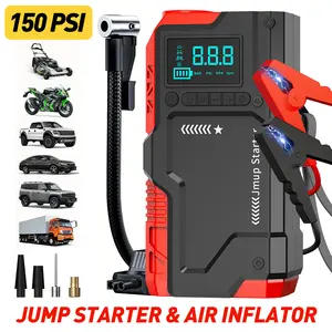 10-In-1 Car Battery Starter Kit with 150 Psi Air Compressor, USB Charging, LCD Display, LED Flashlight, Portable Power Bank, Car Tool Kit for Cars & Trucks