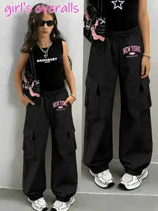 [One Piece]🏙️✨Trendy American Style Kids Cargo Pants | New York Print Elastic Cuff Pants Graphic Pants