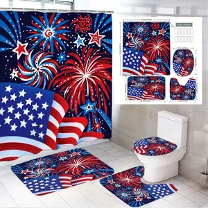 4pcs Patriotic American Themed Bathroom Set, Shower Curtain with Fireworks & Stars, Matching Bath Mat & Toilet Seat Cover,The floor mat fabric is thicker and softer!  Ideal for Independence Day
