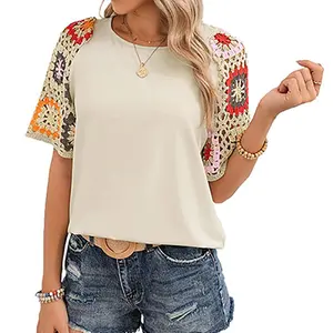 Chvity Crochet Shirts for Women Crewneck Shirt Floral Short Sleeve Casual Pullover Blouse Summer Tops