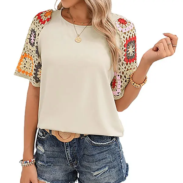 Chvity Women's Cute Floral Print Crochet Blouse, Baggy Short Sleeve Round Neck Summer Holiday Streetwear Top, Crochet Detail, Pink, Pull On
