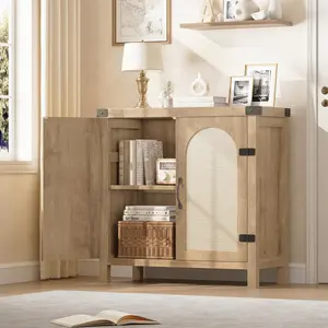 Garvee Rattan Sideboard Buffet Cabinets with Storage, Farmhouse Kitchen Accent Storage Cabinet, Boho Wooden Coffee Bar Cabinet for Dining Room, Living Room, Hallway, Natural