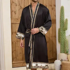 Spring New Men’s Baroque-Style Silk Satin Kimono Bathrobe/Gown with Classic Belt, Loose Fit, Soft Pockets, Round V-Neck — Home Loungewear/Nightwear, Father’s Day Gift, Embroidered Fabrics