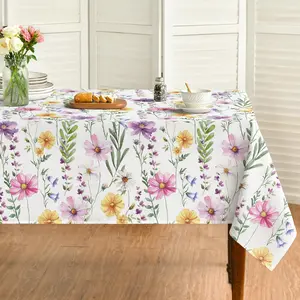Spring Summer Floral Tablecloth 60x84 Inch Rectangle, Yellow White Purple Daisy Wildflower Table Cover for Kitchen Dining Table, Waterproof Party Picnic Dinner Decor