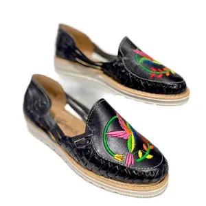 Mexican Leather Huaraches Handmade Flatform Women's Shoes with Butterfly & Sunflower Pattern Closed Toe Comfortable Casualtrainers for All Seasons