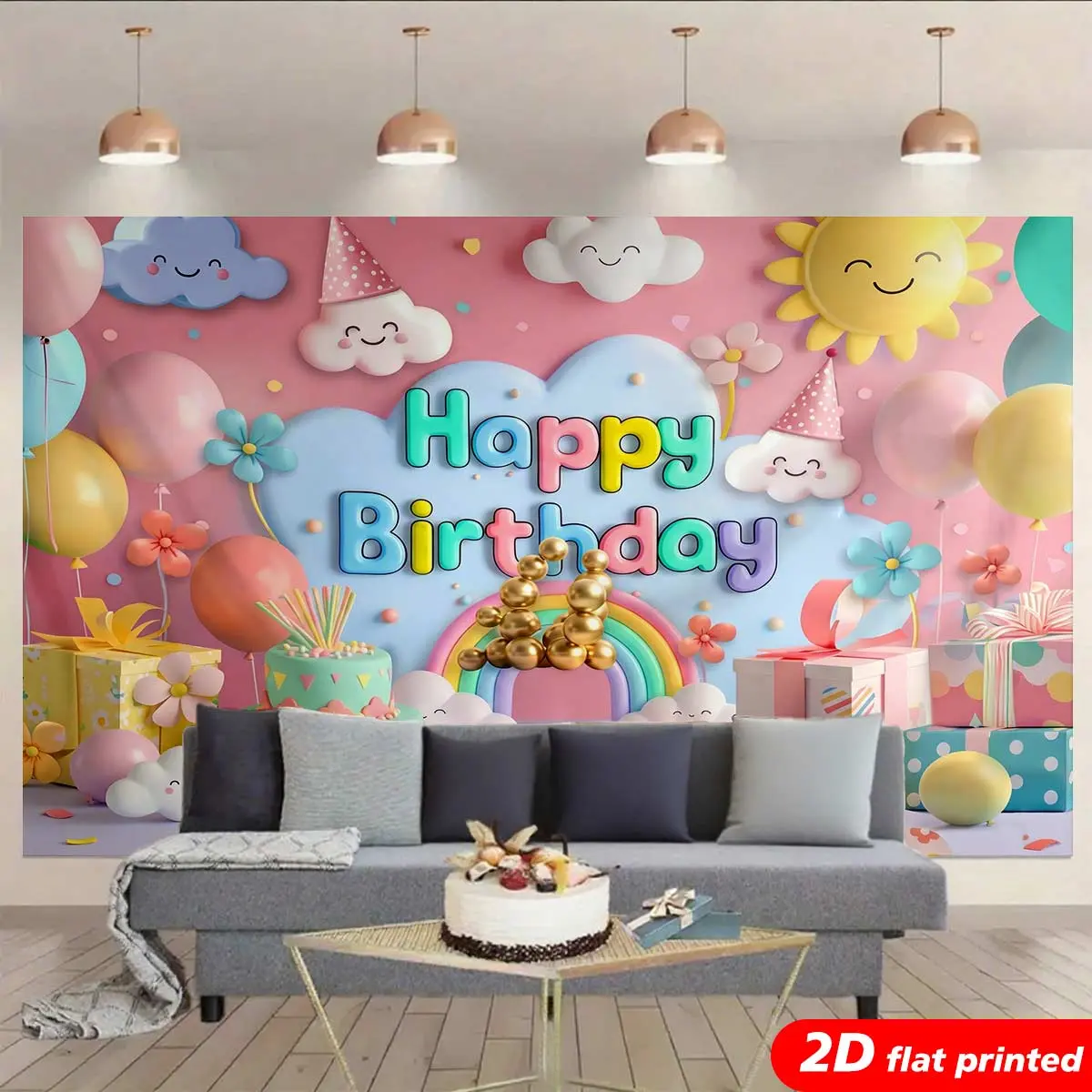 2D Flat Printed Synthetic Wrinkle Resistant Magical Fluffy Rainbow Cloud Sun Tapestry Wall Hanging - Balloon Decor Photo Backdrop, Girls' Room Wall Decor, Happy Birthday Gift Idea