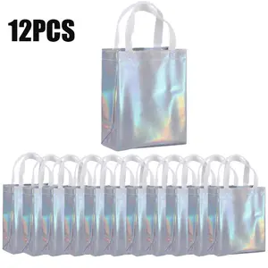 12 Pack Non-woven Reusable Gift Bags Laser Colored Tote Bag Glossy Iridescent Gift Bags Fashion Accessories