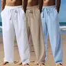 Men's 3-Piece Plain Cotton Long Pants Set - Elastic Waistband with Belt, Loose Casual Sports Bottoms, Comfortable Roomy Streetwear Trousers