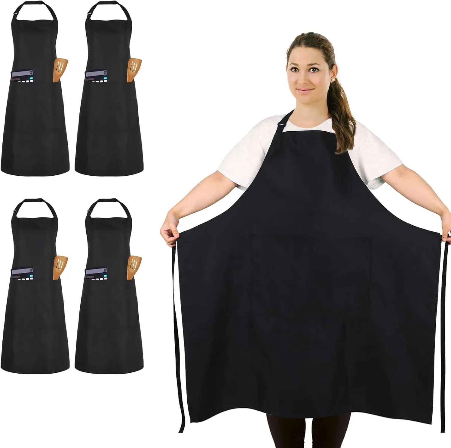 4 Pack Plus Size Chef Aprons, Large Kitchen Apron with 2 Pockets, Adjustable  Black Apron for Big Men and Women for Cooking, Baking, Cleaning, Gardening, BBQ