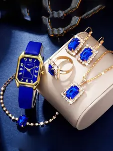 6-piece casual fashion leather women's business square quartz watch rhinestone jewelry set watch Elegant Jewelry Set