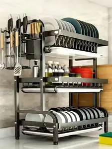 Dish Rack: 3 Tier Utensil Holder, Rustproof Kitchen Dish Drying Rack With Drainboard And Utensil Holder For Kitchen Countertop, Kitchen Accessories