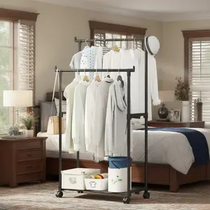 1 double pole simple multifunctional household floor drying rack, clothes drying pole assembly, clothes drying storage rack, clothes hanging rack storage rack with storage layer rack, drying and storage 2-in-1