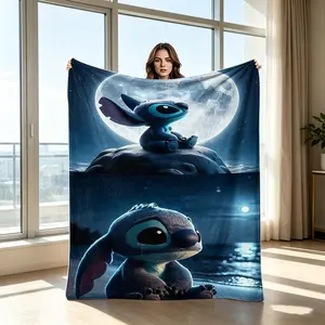 Stitch Moon Print Blanket, Modern Flannel Throw for Sofa & Bed, Creative Digital Print, Multi-Purpose Outdoor Travel Rug, Holiday Gift Idea