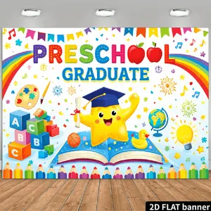 1PC,2D Flat Backdrop Preschool Graduate Themed Decorative Backdrop, Cartoon Star Rainbow Book Elements Party Backdrop, Graduation Season Classroom Activity Decoration Background Curtain