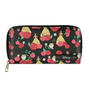 Disney Beauty and The Beast Wallet Allover Belle and Roses Design Full Zip Clutch