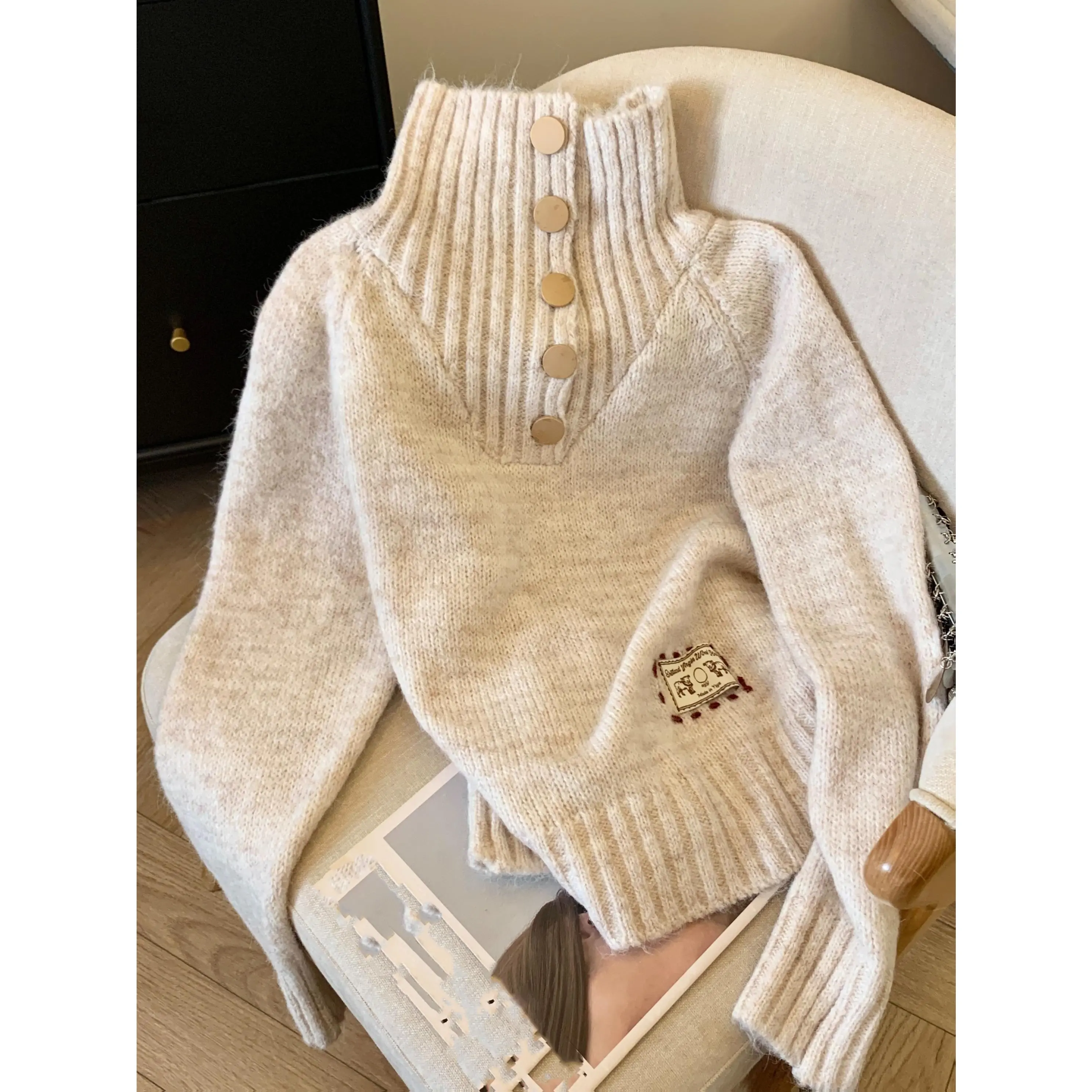Women'S Elegant Sweater - Thick Winter Sweater with Classic Collar, Long Sleeve Tops for Fall/Winter, Office, Party, Everyday - Soft Sweater for Women, Winter Clothes For Cold Weather, Party Attire, Medium Stretch Fabric, Office Attire