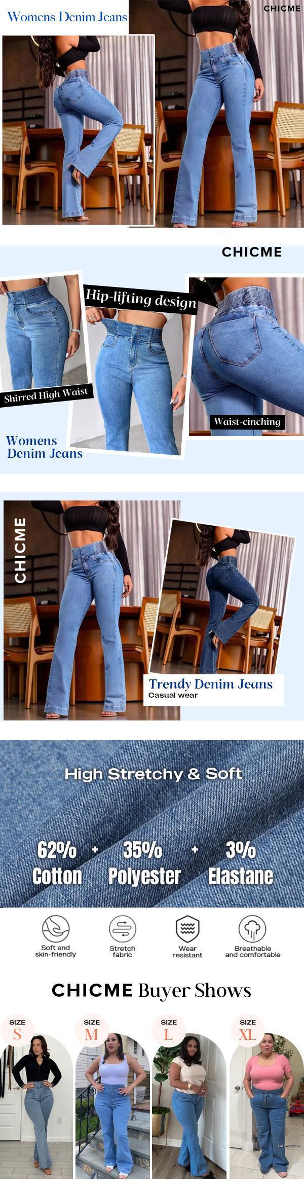 ChicMe 2026 Women's Back Shirred Button Front Jeans High Waist Pants with Pockets/High Waist Button Front Shirred Jeans
