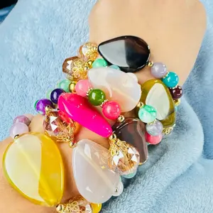 Semanario 7 Stacker Bracelet All Natural Gemstones 14k Gold Plated Colorful Beads Fashion Jewelry