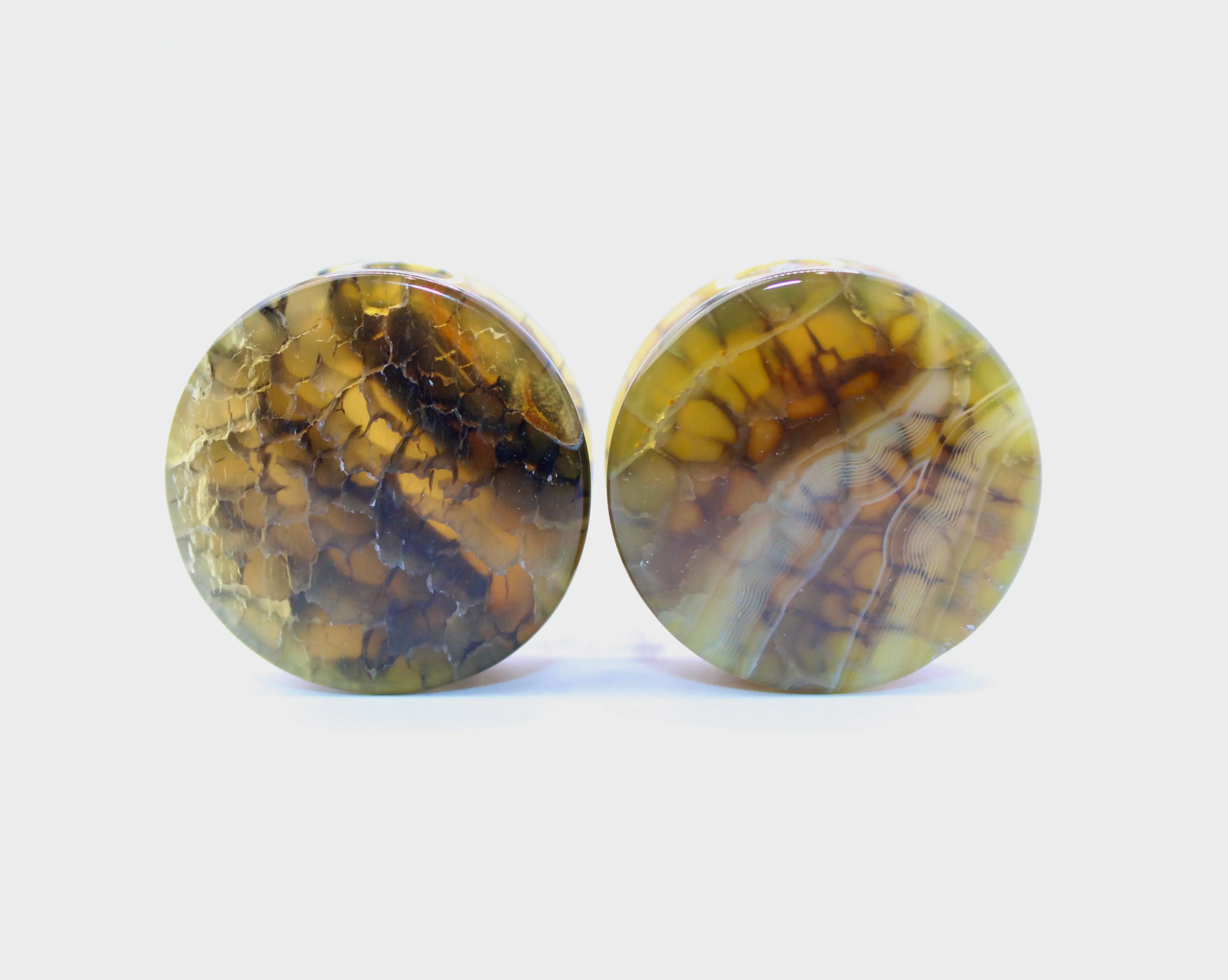 Genuine Natural Polished Dragon Vein Agate Double Flare Plugs, Translucent Bold Yellow with Black Veining, Pair for Daily Wear, 5/8In 16Mm