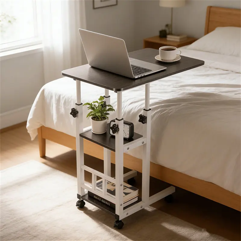 Rustic Brown Industrial Metal Height-Adjustable Extendable C-Table with Charging Station, Rolling Side Table for Small Spaces That Slides Under Sofa, Side Tables, Storage