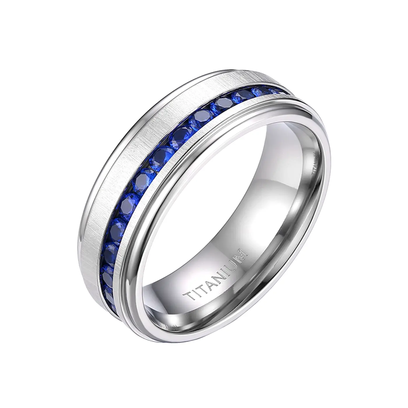 OIDEA 8mm Titanium Wedding Band for Men & Women, Polished Comfort Fit with Blue Cubic Zirconia Inlay, Hypoallergenic & Tarnish-Free, Unisex