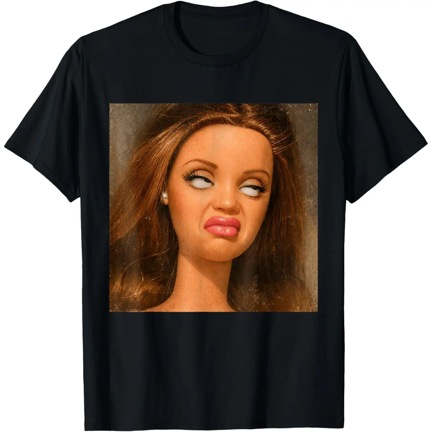 Women's Round Neck Short-Sleeve Distressed Graphic T-Shirt - Disgusted Doll Face Meme, Rolling Eyes Funny Design, Casual Tops, Shortsleeve, Vintage