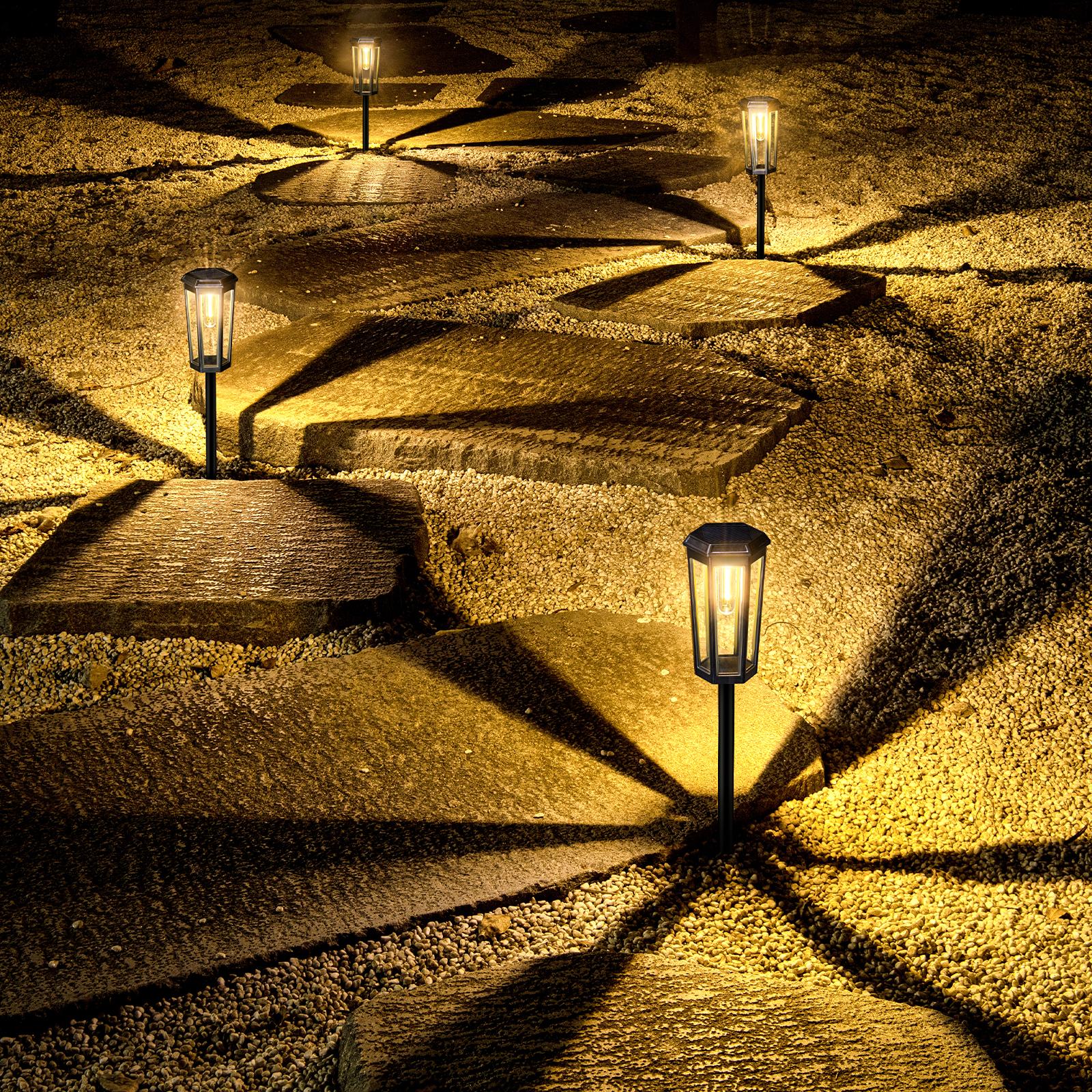 Ennvaofficial solar path lights for outdoor use, 6-piece set of solar hexagonal tungsten garden lights, bright LED pathway lights, solar-powered Edison bulb landscape lighting, suitable for outdoor walkways, courtyards, sidewalks, and yards (warm light)