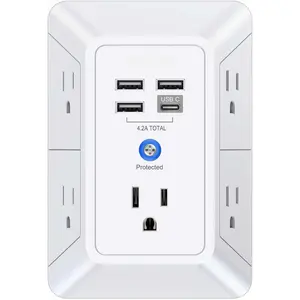 5 Outlet Extender Multi Plug Wall Outlets with 4 USB Charging Ports (1 USB C Outlet), 3 Sided 1680J Surge Protector Power Strip USB Wall Charger for Home, Office, Travel, ETL Listed, White