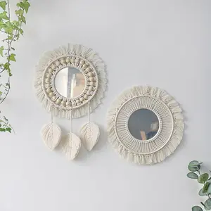 Nordic Woven Mirror Decor - Macrame Rattan Frame with Beaded Fringe, Boho Wall Mirror for Living Room, Instagrammable Entryway Decor Decoration
