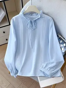 Spring Summer New Korean Style Lace Trim Bow Tie Long Sleeve Women's Shirt Blouse, Office Wear, Fashionable top has a ruffle design.