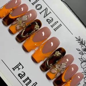 XL Long Summer Press on Nails, Orange French Tip with 3D Nail Art, Tortoise Shell Nails, 3d Chrome Design, Cute Nail Art