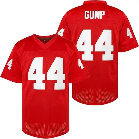 Male #44 GUMP Embroidered Red Polyester V-Neck Lightweight Athletic Jersey Football T-Shirt, Loose Fit, Breathable Knit Fabric, Versatile Use for Football & Casual Wear, 4-Season Top for Teens & Adults Christmas Gift