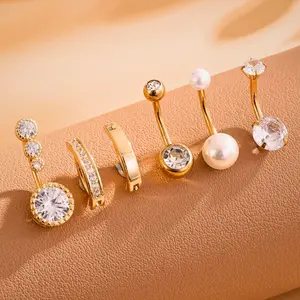 6pcs Sparkly Belly Button Jewelry – Faux Pearl & CZ Inlaid Stainless Steel Piercing Set