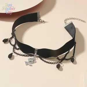 Dark Gothic Camellia Pendant Halloween Water Drop Love Neck Chain Fringed Flannel Necklace Abstinence Trend