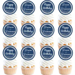 1Set Denim and Diamonds Birthday Cupcake Toppers Blue Crystal Cupcake Topper Glitter Shiny Denim Decorations Denim and Diamonds Decorations for 30th Women Shiny Sparkling Birthday Party Supplies Ornaments