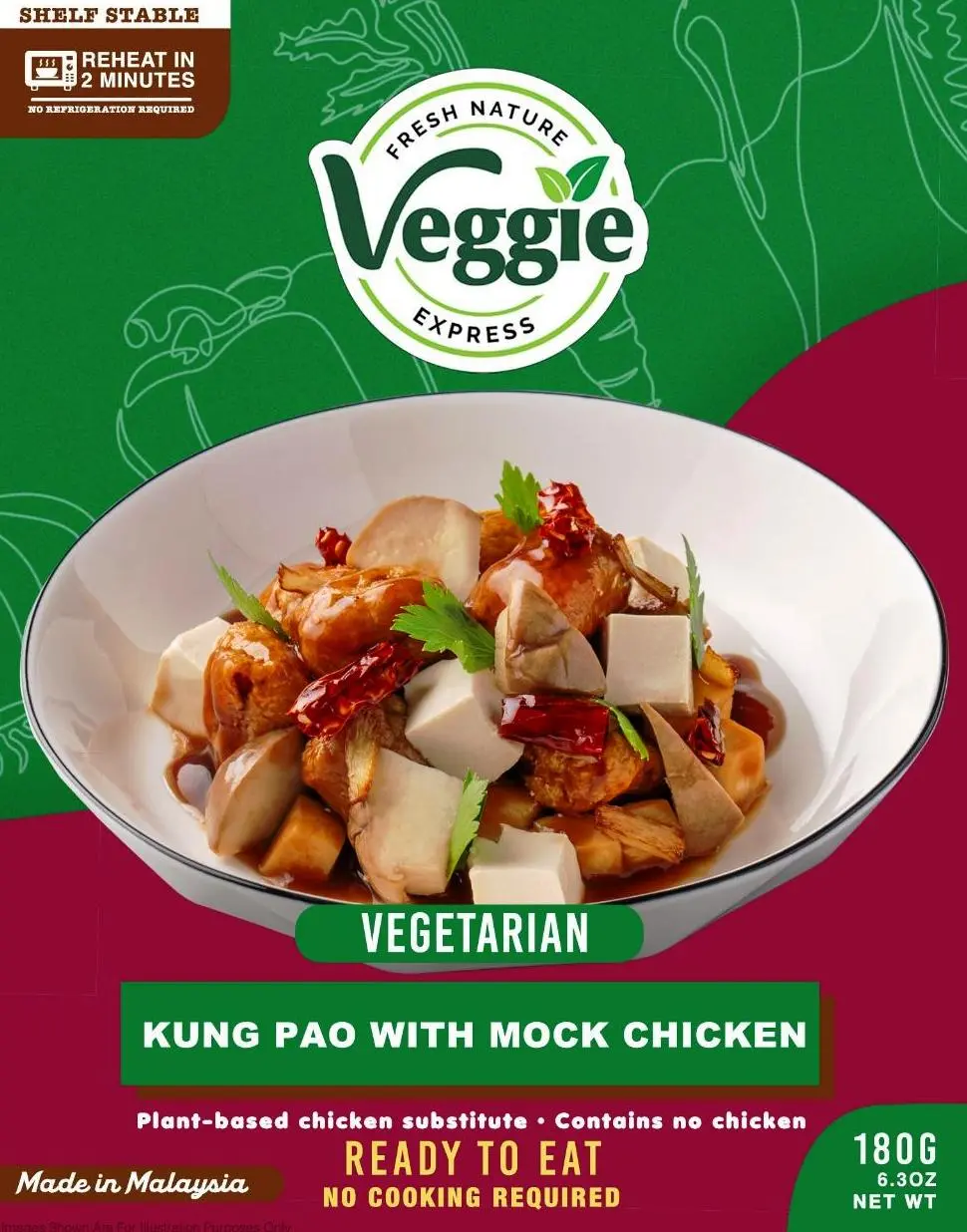Veggie Express Plant-Based Vegetarian Kung Pao with Mock Chicken, Ready-to-Eat Vegetarian Meal - 180g, High Sodium
