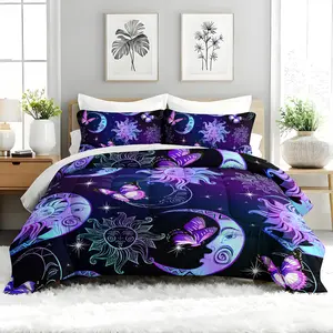 3pcs Starry Sun Moon Comforter Set, Fantasy Butterfly Themed Duvet Set for Girls and Adults Bedroom or Guest Room Decor, Lightweight Soft All Seasons Comforter Machine Washable Microfiber Quilt with 2 Pillowcases , Gifts for the Family﻿