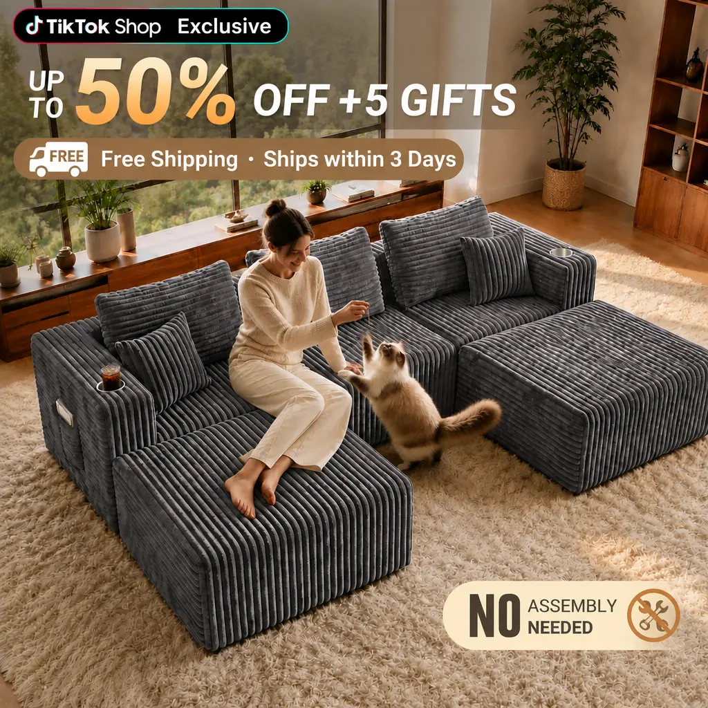 【2 Packages Shipping】104"&70" Optional Sizes Plush Corduroy Cloud Velvet Modular Boneless Couch, extra deep seat, no assembly required, ideal for living rooms, bedrooms and apartments