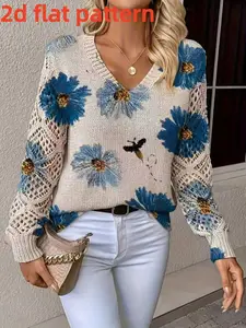 Women's V-Neck Long Sleeve Top, Floral Pattern Digital Print, Fashionable Fall Winter Casual Wear, Versatile Pullover for Ladies