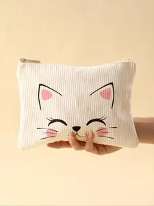 Cute Cat Pattern Corduroy Makeup Bag, Lightweight Zipper Makeup Organizer, Multifunctional Cosmetic Storage Bag for Toiletries and Accessories, Handheld Cosmetic Pouch