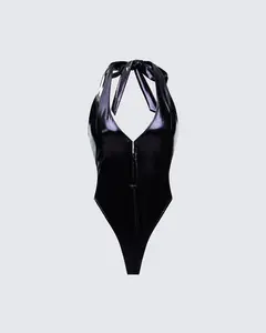 Betsy Black Vegan Leather Plunge Bodysuit