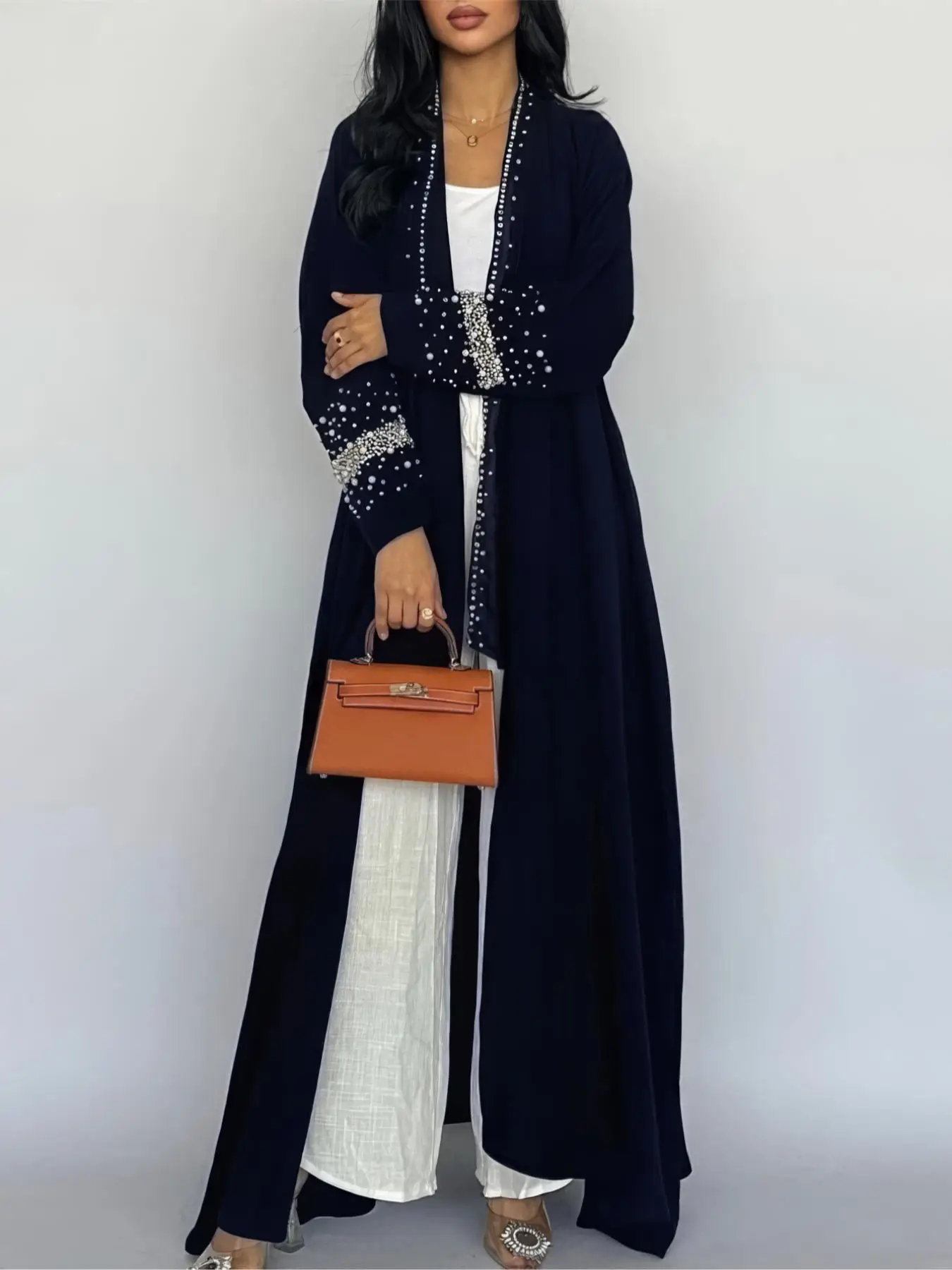 Women's Rhinestone & Faux Pearl Decor Abayas with Chiffon Hijab, Elegant Long Sleeve Open Front Abayas for Daily Wear, Abayas for Women, Ladies Islami