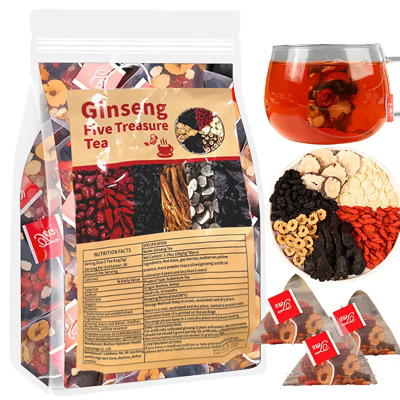 Ginseng Five Treasure Tea Traditional Kidney Cleansing Formula for Men Women Natural Herbal Remedy Health Boosting Drink Pure Ingredients Traditional Recipe Loaded Tea Beverage Christmas Gift Organic Chinese Tea