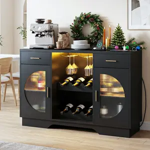 DAYAGO Wine Bar Cabinet with LED Light, Modern Liquor Cabinet Coffee Bar Cabinet for Living Room Entryway Kitchen Buffet Sideboard with Wine Rack & Glass Holder, 2 Drawers and Charging Station, Black, Living Room, Kitchen