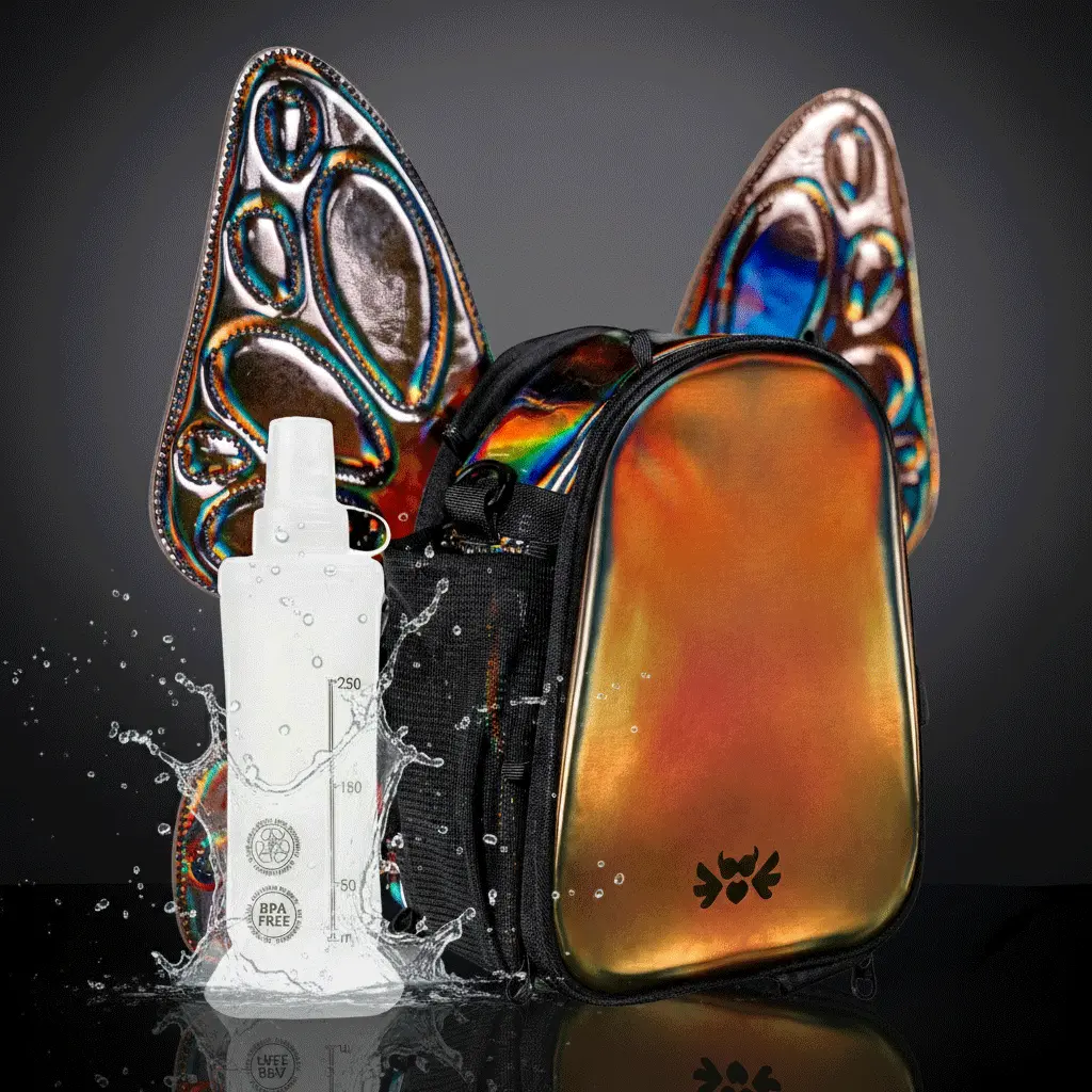 RaveBeetle FLOWt Hydration Festival Pack – Swappable Wing Rave Backpack with 8oz Soft Water Bottle & Light Accessory (Holographic Mocha)