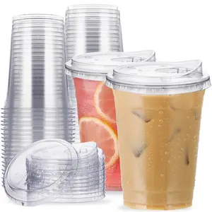 16 Oz Ice Coffee Cup with Lid, Transparent Plastic Cup, Reusable No Straw Cap, Ideal for Parties, Weddings, Events, Cold Drinks, Plastic Clear Cups
