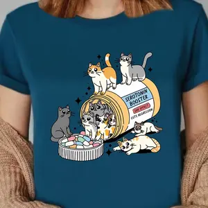Cute Cat Serotonin Boost Graphic Cotton T-Shirt, Valentine's Day Gift for Cat Lovers, Cute Oversized Comfort Casual Outfit